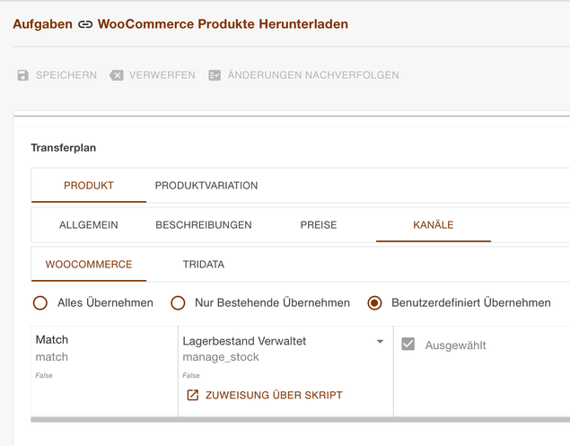 Register Kanäle im Transferplan mit Benutzerdefiniert Übernehmen und dem Feld Lagerbestand Verwaltet