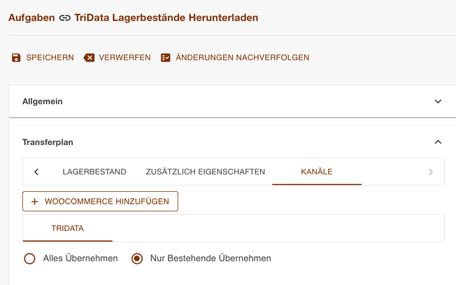 Register Kanäle der Lagerbestandsaufgabe mit der Option Nur Bestehende Übernehmen