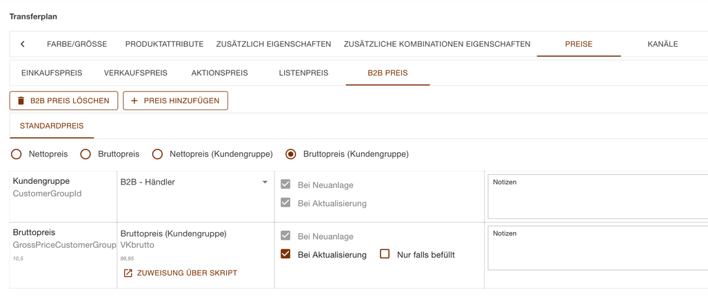 Register B2B Preis mit der Wahl Bruttopreis Kundengruppe und der Kundengruppe B2B - Händler