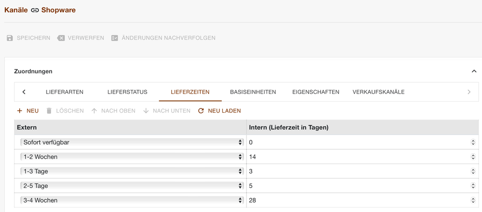 Register Lieferzeiten der Shopware-Zuordnungen mit den Lieferzeiten in Tagen