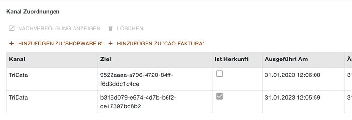 Kanalzuordnungen eines Produkts mit zwei TriData-Einträgen, davon einer als Ist Herkunft markiert