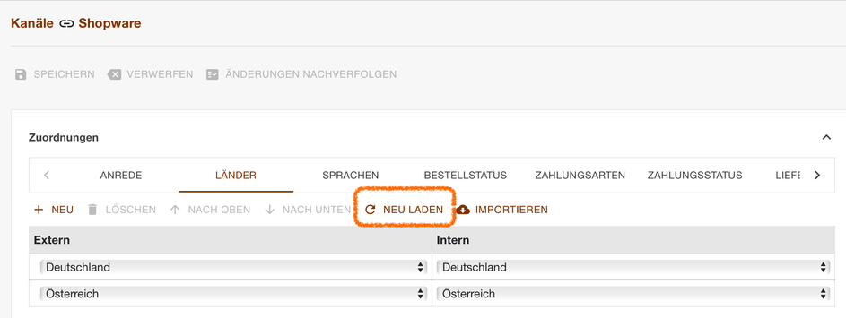 Register Länder der Shopware-Zuordnungen mit der hervorgehobenen Schaltfläche Neu Laden