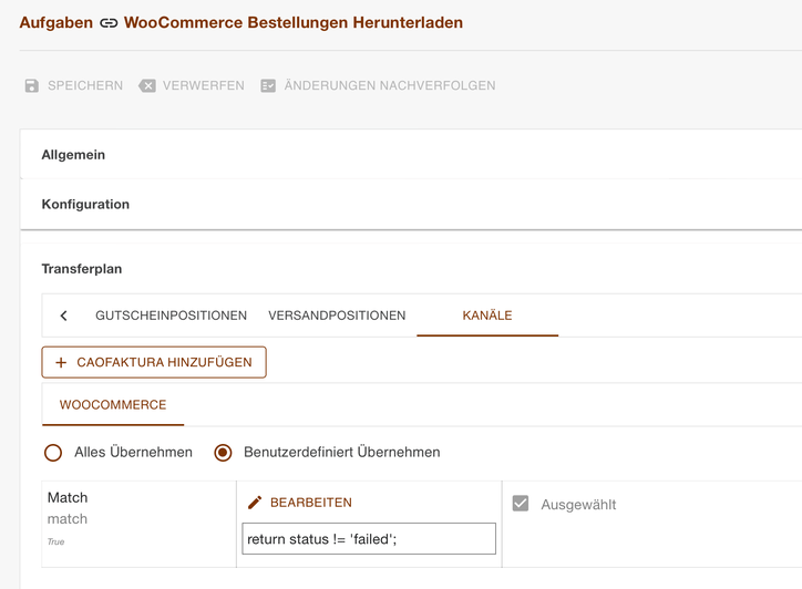 Register Kanäle im Transferplan mit einem Skript, das Bestellungen mit Status failed ausfiltert