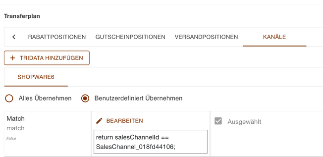 Register Kanäle im Transferplan mit einem Skript, das auf einen Verkaufskanal filtert