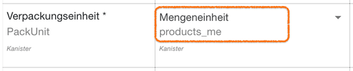 Feld Verpackungseinheit mit der hervorgehobenen Zuweisung Mengeneinheit