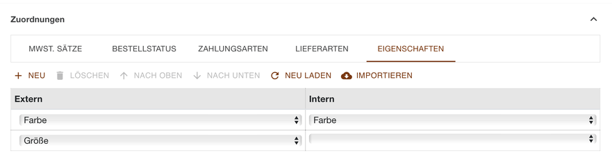 Register Eigenschaften der Zuordnungen mit einem Eintrag ohne interne Zuweisung