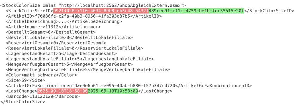 Antwort von TriCon mit geänderter StockColorSizeID, alter Wert rot und neuer Wert grün