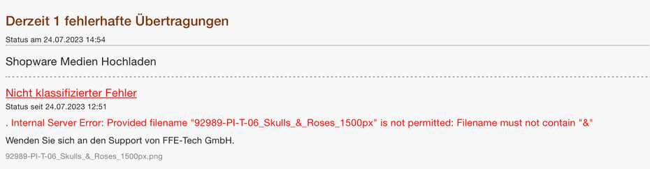 Status-Mail mit einem nicht klassifizierten Fehler beim Hochladen eines Medienbilds