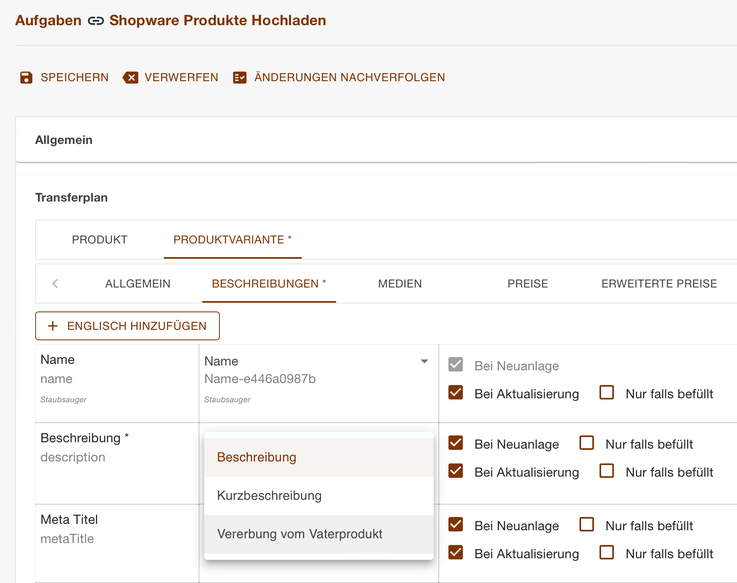 Register Produktvariante mit dem geöffneten Auswahlfeld und der Option Vererbung vom Vaterprodukt