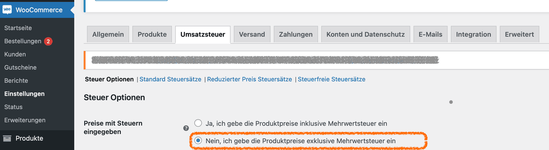 Steueroptionen in WooCommerce mit der Wahl, die Produktpreise exklusive Mehrwertsteuer einzugeben