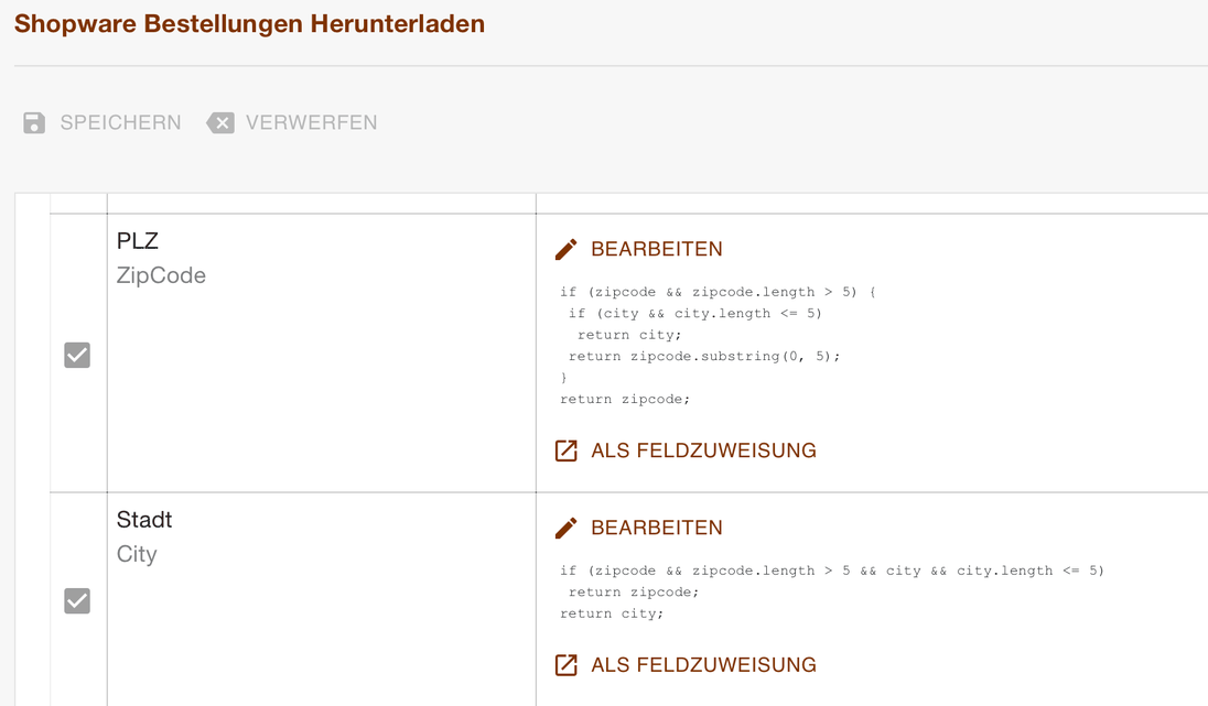 Felder PLZ und Stadt im Transferplan mit dem Standardskript, das die Verwechslung korrigiert