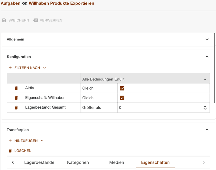 Konfiguration des Produktexports mit den Filtern Aktiv, Eigenschaft Willhaben und Lagerbestand