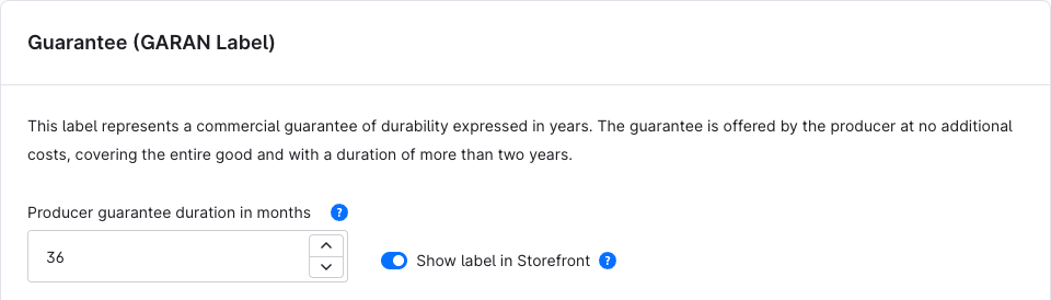 Card "Guarantee (GARAN Label)" in the Shopware backend with the guarantee duration and the toggle to show it in the storefront