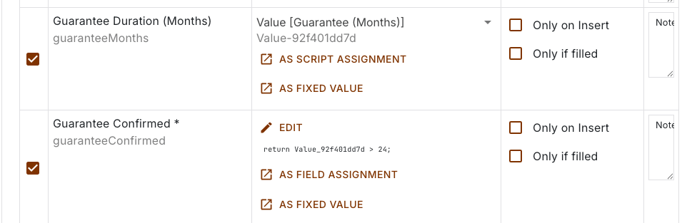 Transfer plan of the task "Shopware Products Upload" with the assignments for guarantee duration and guarantee confirmed, the latter via a script that only applies above 24 months