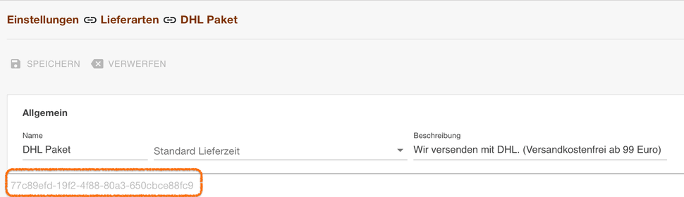 Einstellungen zur Lieferart DHL Paket mit der hervorgehobenen internen Id darunter