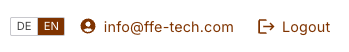 DE and EN buttons at the top right next to the email address and logout