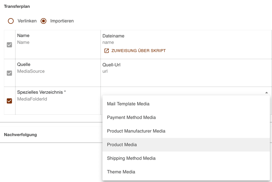 Feld Spezielles Verzeichnis mit dem geöffneten Auswahlfeld der Shopware-Medienordner