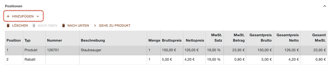 Bestellpositionen mit der hervorgehobenen Schaltfläche Hinzufügen über der Tabelle