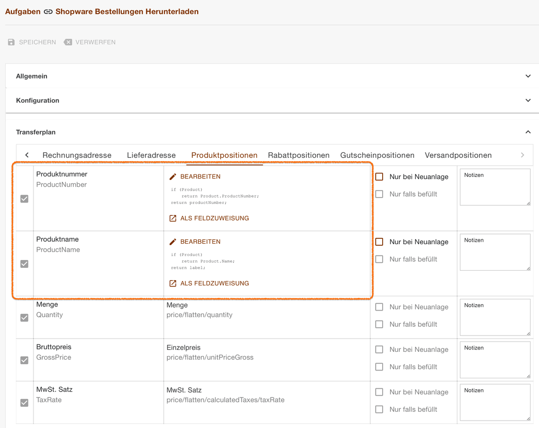 Register Produktpositionen mit den Skripten für Produktnummer und Produktname