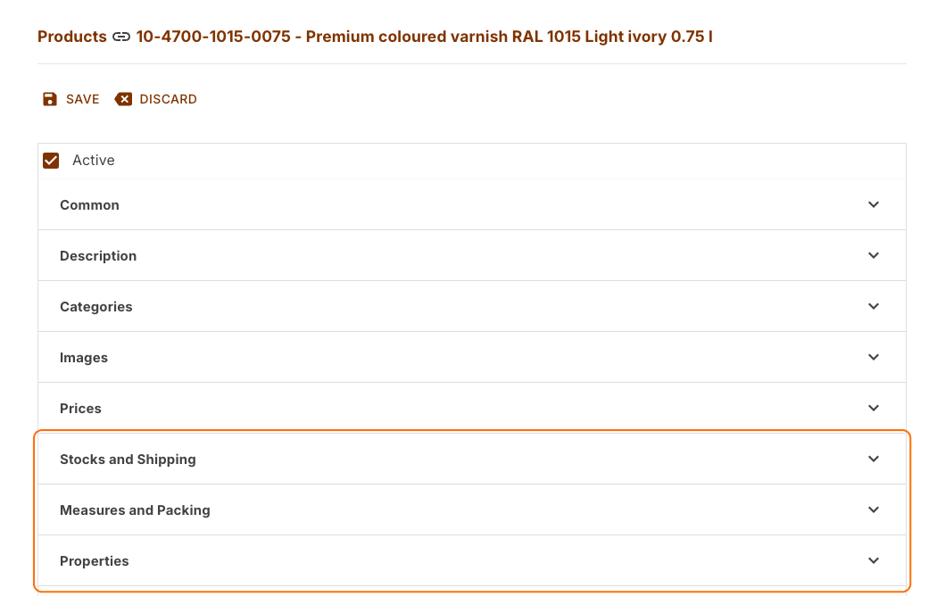 Product with the now independent sections Stocks and Shipping, Measures and Packing, and Properties