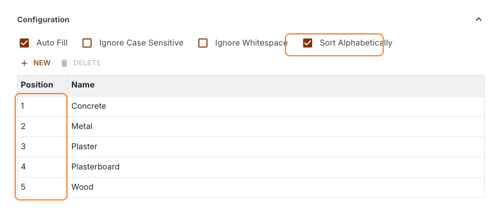 Configuration of a selection property with the Sort Alphabetically box ticked