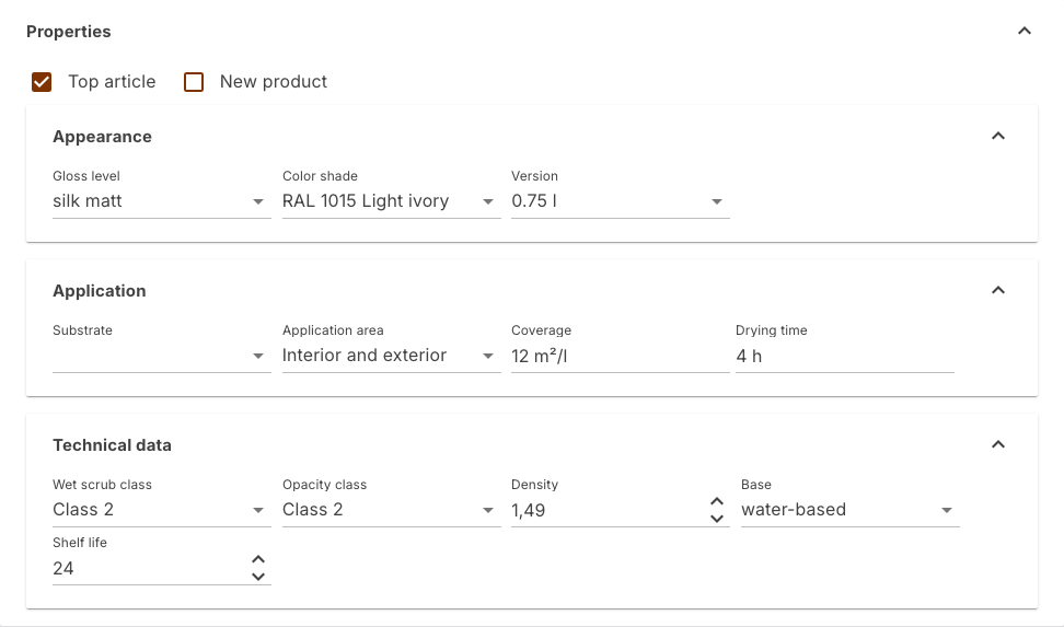 Properties section of a product with the groups Appearance, Application and Technical data