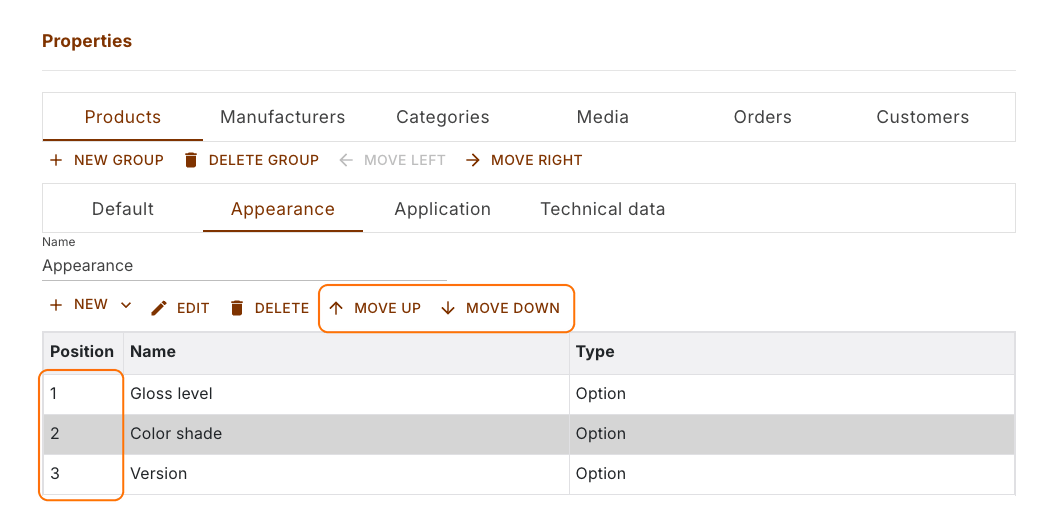 Property list with the highlighted Move Up and Move Down buttons and the Position column