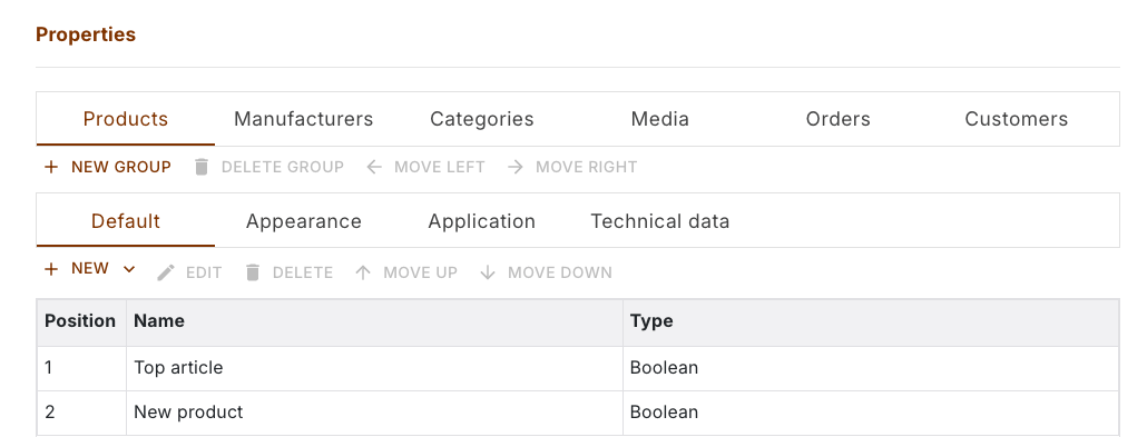 Properties settings with the tabs from Products through to Customers