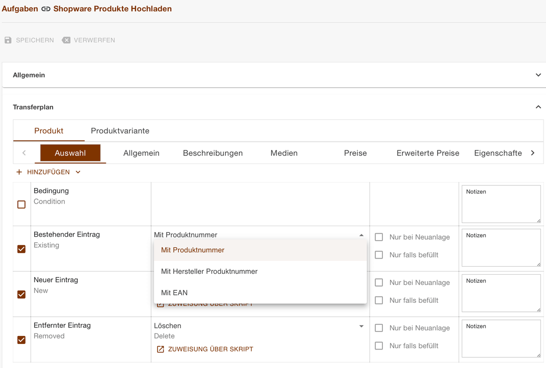 Register Auswahl im Transferplan mit Bedingung, Bestehender, Neuer und Entfernter Eintrag