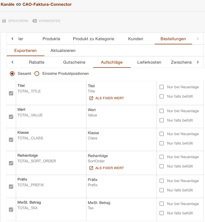 Register Aufschläge im Bestellexport von CAO-Faktura mit der Wahl Gesamt oder Einzelposition