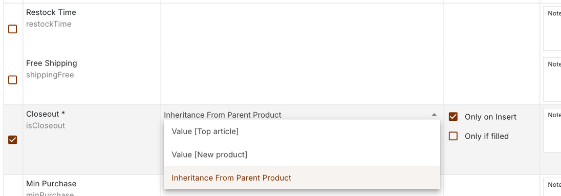 Closeout field of the product variant with Inheritance From Parent Product selected